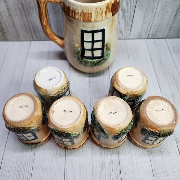 Vintage Japanese Thatched Cottage Ware Juice Pitcher & Cups Ceramics SET - Picture 5 of 10